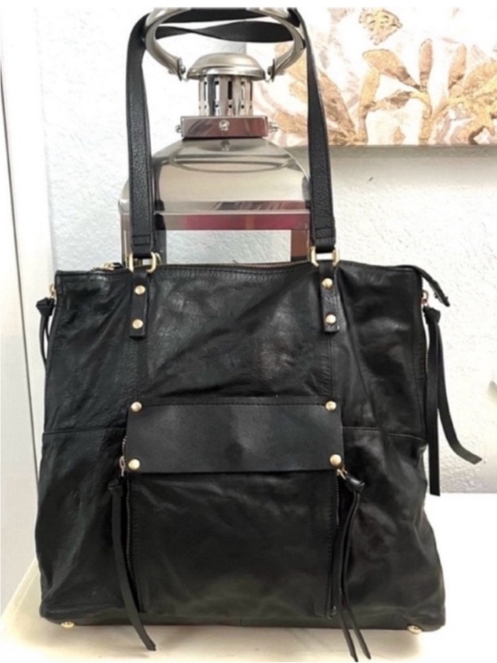 Kooba Black Leather Tote Bag with Front Pocket